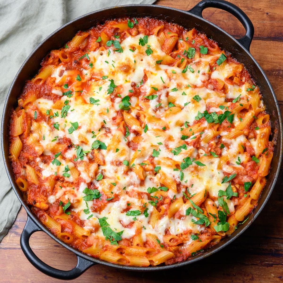 A BBQ chicken casserole topped with mozzarella